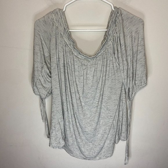 Knox Rose Women XL Striped Peasant Top Blouse Off Shoulder Tie Short Sleeve Boho - Picture 4 of 10